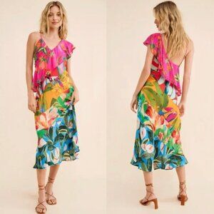 FARM Rio Mixed Flowery Ruffle One Shoulder Dress Tropical